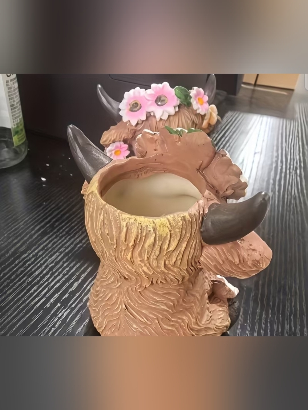 Adorable Brown Highland Cow Planters with Pink Flowers - Home Accents - Picture 5 of 5